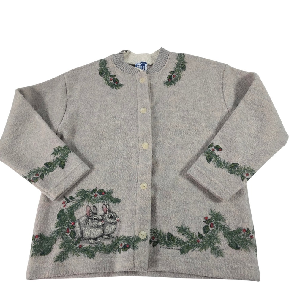 Art Unlimited Vintage Bunny Rabbit Winter Pine Cardigan Sweater Gray Womens L